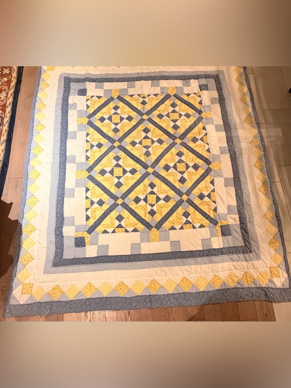 Handmade Yellow and Blue Patchwork Quilt